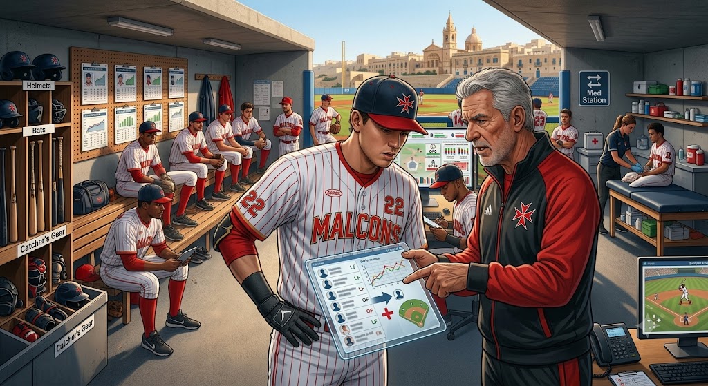 A baseball manager discussing strategy with a player during a game, highlighting the decision-making process for substitutions.
