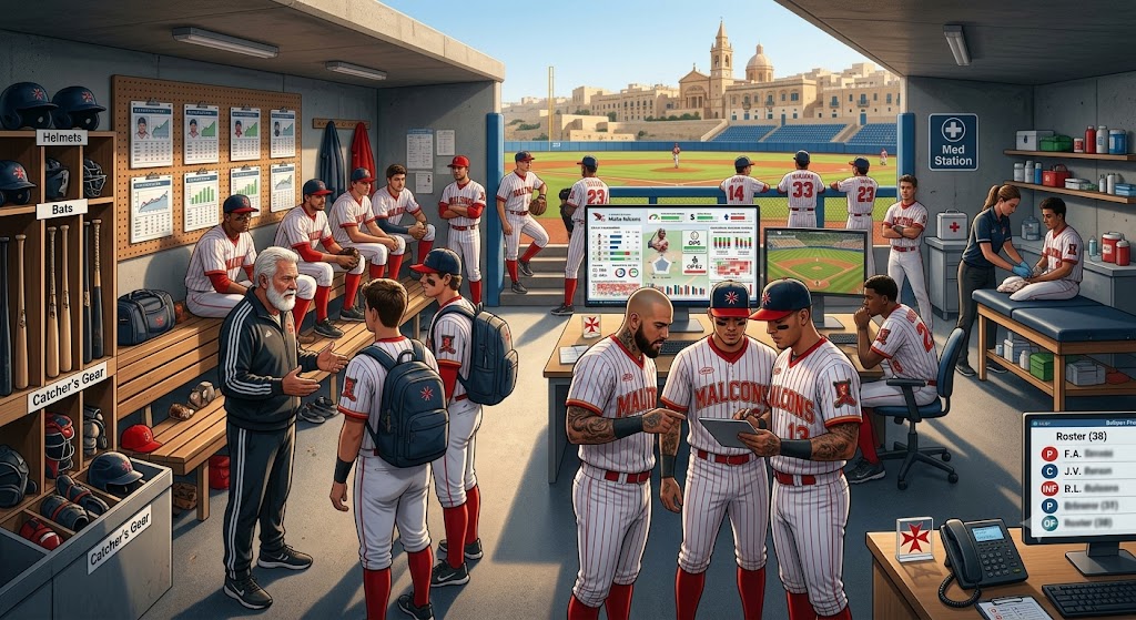 A baseball team gathered in the dugout, demonstrating the depth and composition of a modern roster.