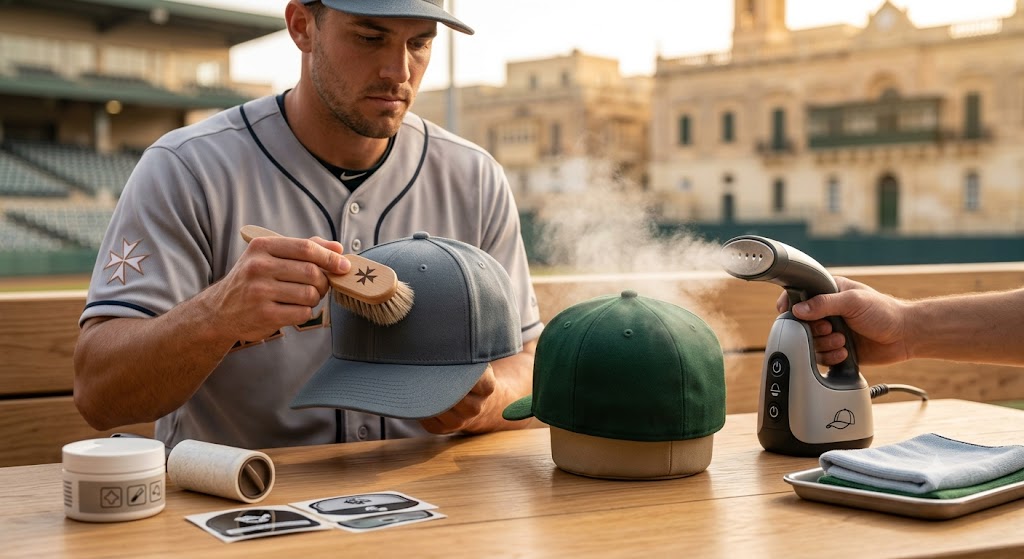 A professional baseball player performing routine maintenance on their fitted cap using a soft brush and garment steamer.