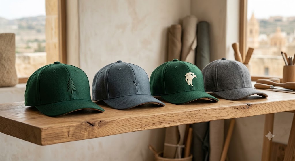 A collection of modern, minimalist fitted hats in neutral colours like forest green and slate, displayed on a wooden shelf.