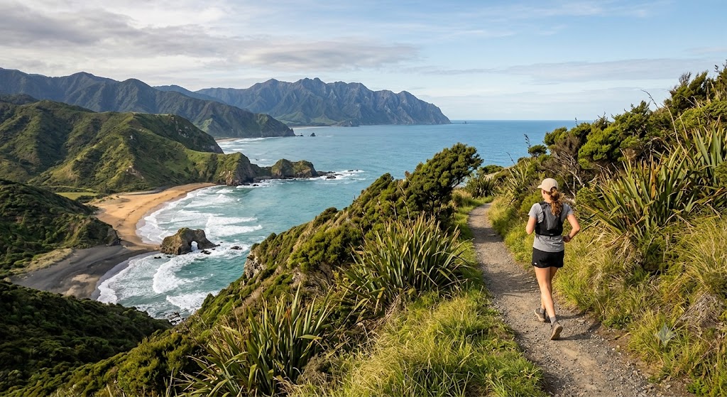 A runner wearing a minimalist, neutral-toned running hat while jogging along a scenic coastal trail in New Zealand.