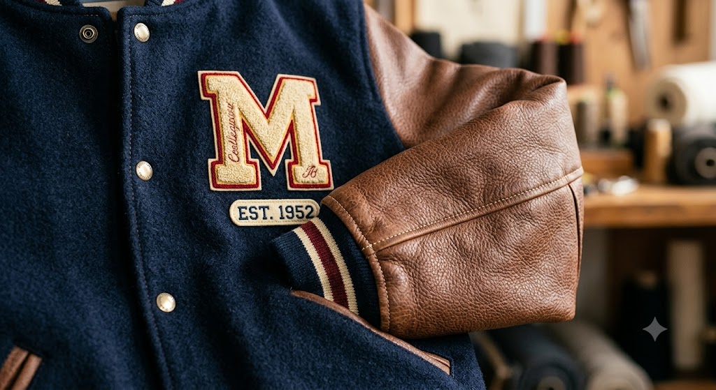 Close up shot of high-quality melton wool and genuine leather sleeve detail on a premium varsity jacket.