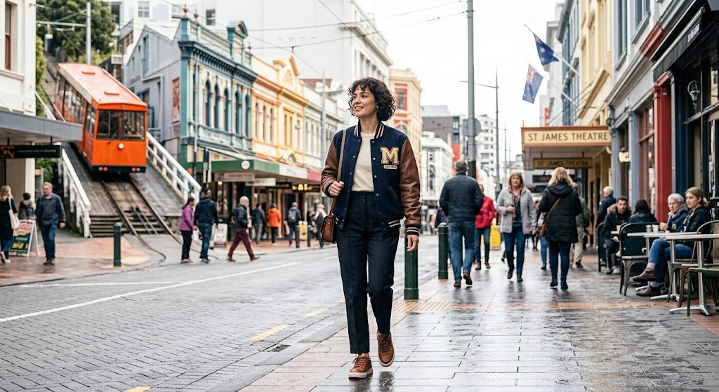 A stylish person wearing a modern varsity jacket walking down a busy street in Wellington.