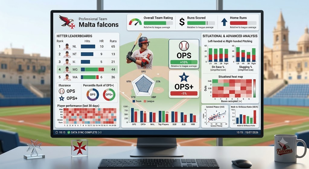 A baseball analytics dashboard on a screen showing various hitter statistics including OPS and OPS+ for a professional baseball team.