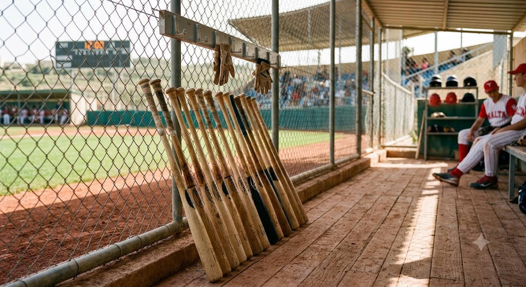 A collection of professional baseball bats leaning against a dugout fence.