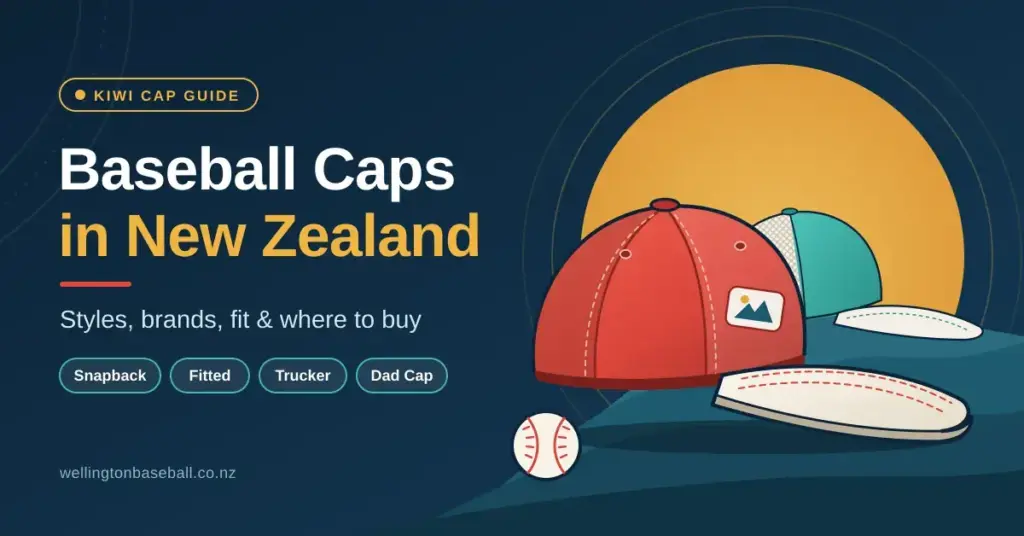 Illustration of a red baseball cap with a cream brim and a teal trucker cap resting on rolling hills in front of a golden sun, beside the title 'Baseball Caps in New Zealand' and the cap styles snapback, fitted, trucker and dad cap.