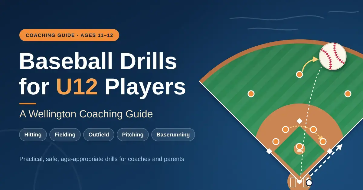 Featured graphic for a Wellington coaching guide to baseball drills for U12 players, showing the title beside a top-down baseball diamond with player markers, drill arrows and a baseball, plus labels for hitting, fielding, outfield, pitching and baserunning.