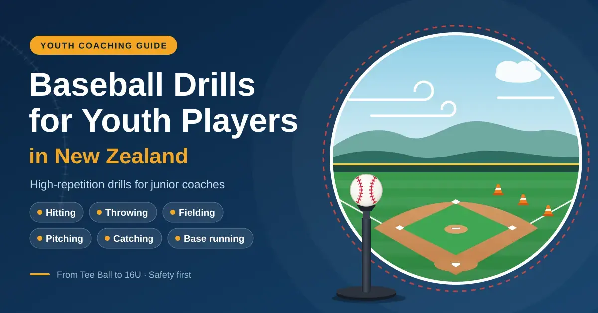 Illustration of a batting tee with a baseball beside a circular view of a baseball diamond with training cones, green hills and a windy sky, next to the heading "Baseball Drills for Youth Players in New Zealand" and tags for hitting, throwing, fielding, pitching, catching and base running.