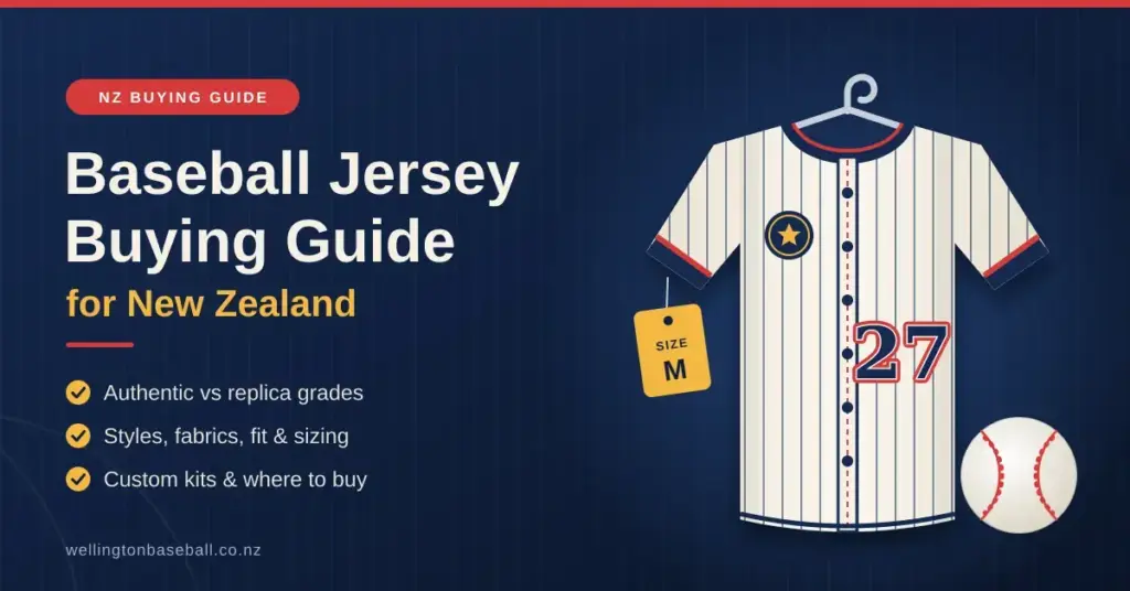 Illustrated cream pinstriped baseball jersey with the number 27 on a coat hanger beside a baseball and a size M tag, next to the title "Baseball Jersey Buying Guide for New Zealand" on a navy background.