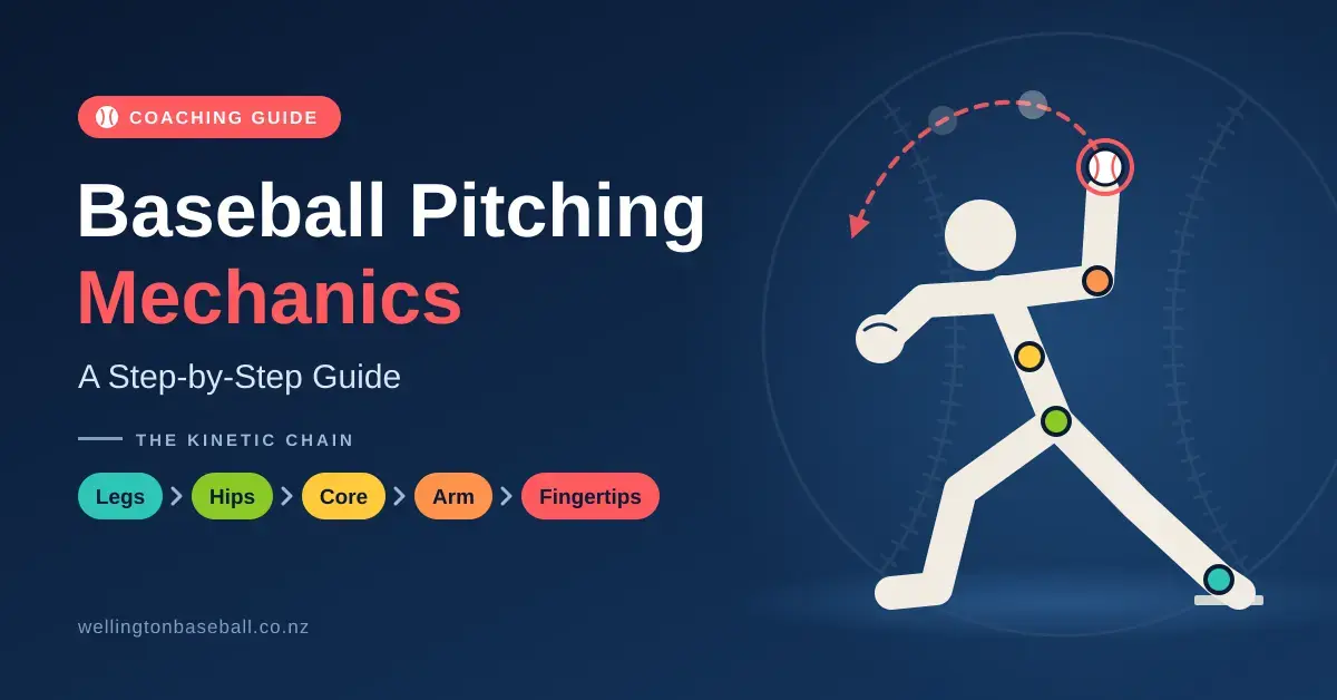 Illustrated pitcher in mid-delivery with coloured markers along the kinetic chain from legs to fingertips, beside the title Baseball Pitching Mechanics: A Step-by-Step Guide.