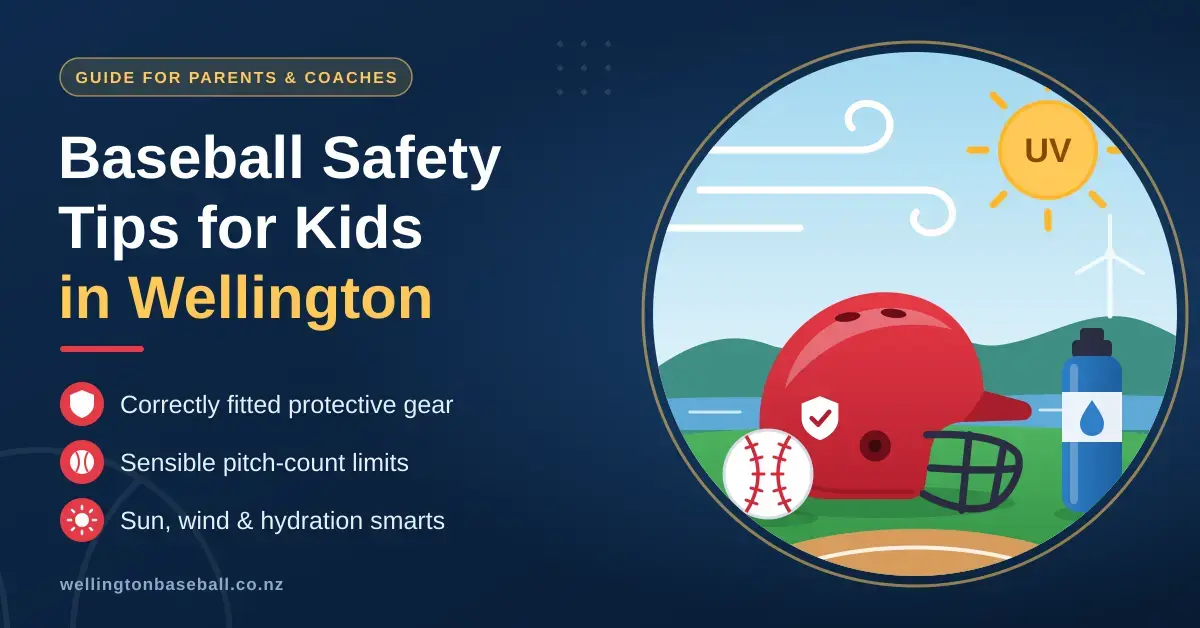 Illustrated featured image for Baseball Safety Tips for Kids in Wellington, showing a red batting helmet with a face guard, a baseball and a water bottle on a grassy field beneath a strong UV sun, gusty wind and green Wellington hills, alongside three key tips: correctly fitted protective gear, sensible pitch-count limits, and sun, wind and hydration smarts.