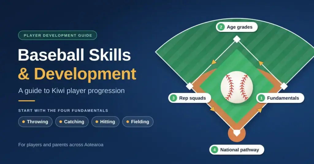 Illustrated baseball diamond with a ball on the mound, showing a Kiwi player's progression around the bases from fundamentals to age grades, rep squads and the national pathway, beside the title "Baseball Skills & Development" and chips for throwing, catching, hitting and fielding.