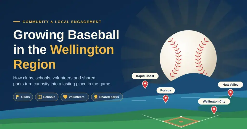 A baseball rising like the sun over stylised Wellington hills and harbour, with map pins marking the Kāpiti Coast, Porirua, the Hutt Valley and Wellington City above a community ballpark, beside the heading "Growing Baseball in the Wellington Region".