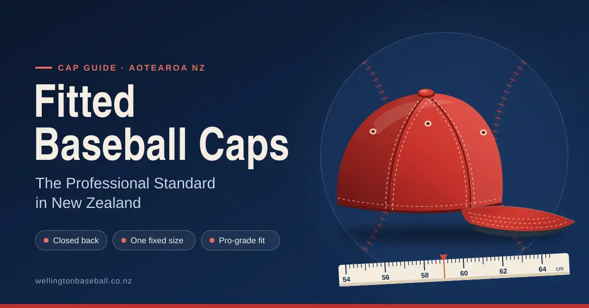 Illustration of a red fitted baseball cap with a closed back and curved brim above a centimetre tape measure, next to the headline "Fitted Baseball Caps: The Professional Standard in New Zealand" on a navy background.