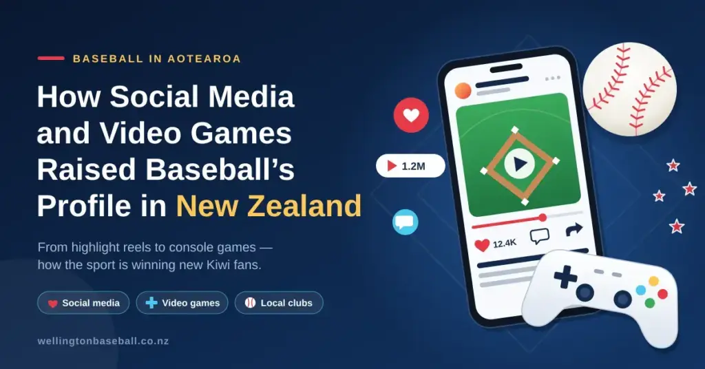 Illustration of a smartphone playing a baseball highlight surrounded by social media reactions, alongside a baseball, a game controller and Southern Cross stars, with the headline “How Social Media and Video Games Raised Baseball’s Profile in New Zealand”.