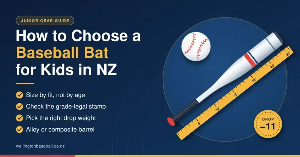 Illustration of a silver junior baseball bat lying along a yellow measuring tape next to a baseball and a drop −11 badge, with tips for sizing the bat by fit, checking the grade-legal stamp, picking the right drop weight and choosing an alloy or composite barrel.
