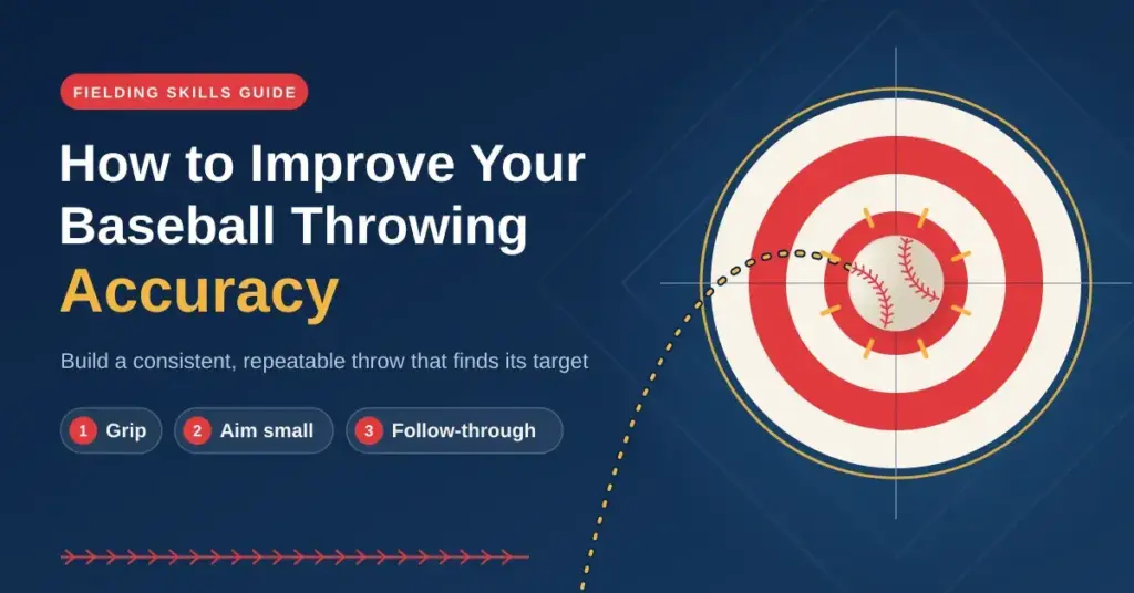Navy featured graphic titled "How to Improve Your Baseball Throwing Accuracy", showing a baseball hitting the bullseye of a red and cream target at the end of a dotted throwing path, with tips for grip, aiming small and follow-through.