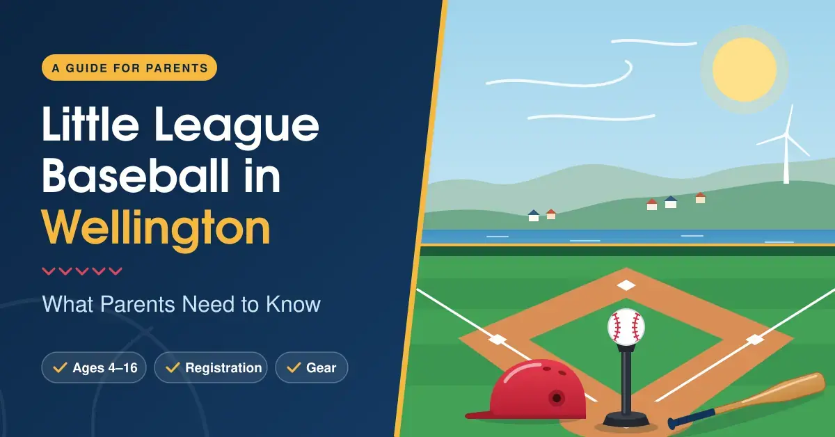 Illustrated baseball field in Wellington with a ball on a batting tee, a red batting helmet and a wooden bat, set against green hills, the harbour and a wind turbine, beside the title 'Little League Baseball in Wellington: What Parents Need to Know'.