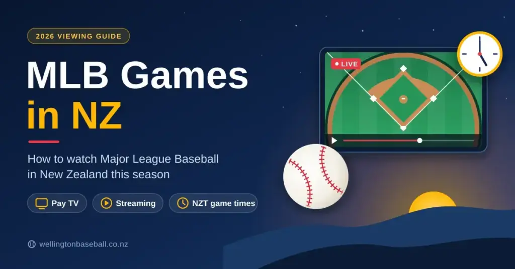 Illustrated featured image reading "MLB Games in NZ", showing a baseball, a streaming screen with a live ballpark view and a clock set to 5 o'clock as the sun rises over New Zealand hills.