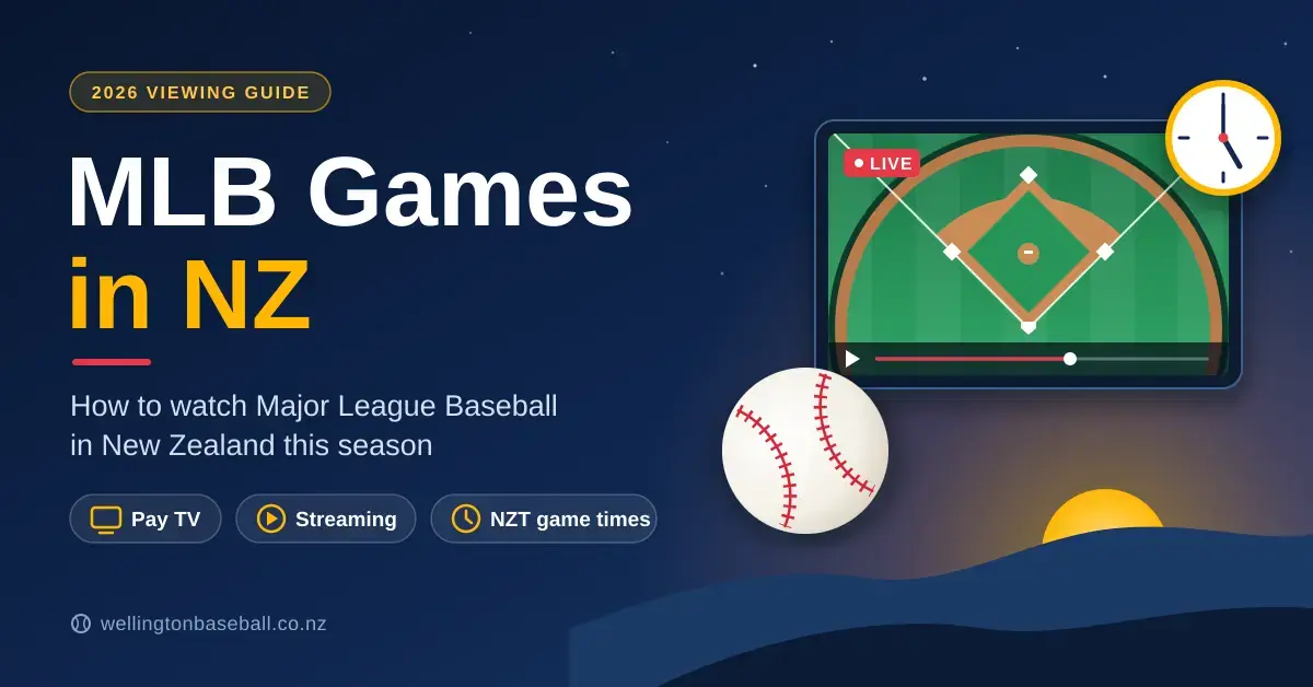 Illustrated featured image reading "MLB Games in NZ", showing a baseball, a streaming screen with a live ballpark view and a clock set to 5 o'clock as the sun rises over New Zealand hills.