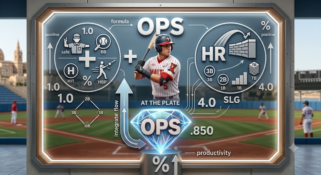 An infographic showing a baseball player standing at the plate with icons representing on-base percentage and slugging percentage combined into the OPS metric.