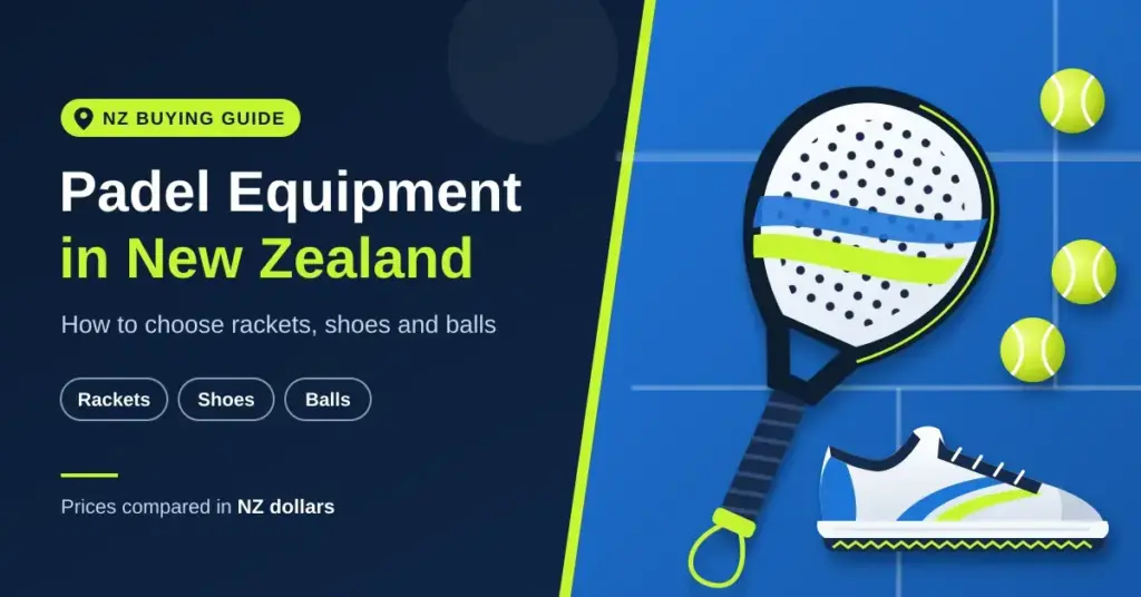 Illustration of a padel racket, a padel shoe with a herringbone sole and three padel balls on a blue court, next to the title "Padel Equipment in New Zealand".