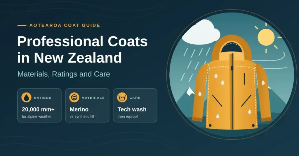 Illustrated featured image with the title Professional Coats in New Zealand: Materials, Ratings and Care beside an amber waterproof jacket with taped seams, set against a New Zealand scene of rain, sun and snow-capped mountains.