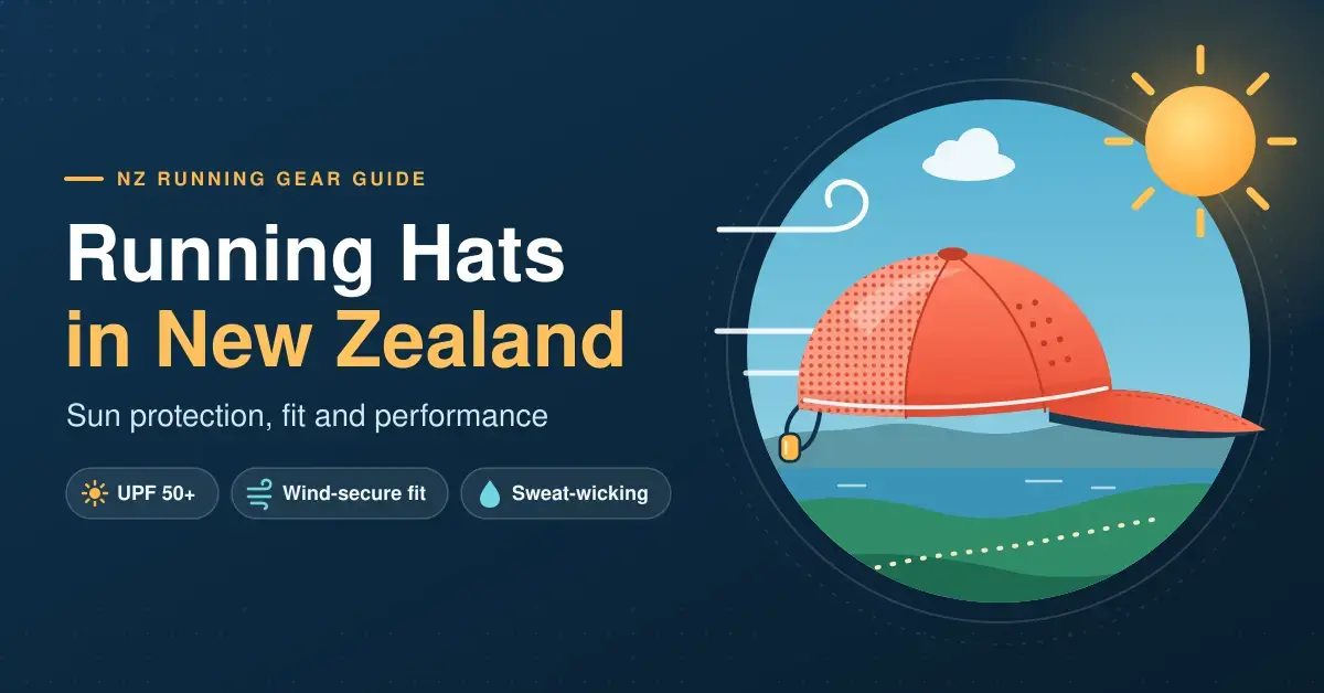 Illustration of a coral running cap with a mesh back panel and elasticised toggle, set against a sunny sky above harbour hills with wind lines, next to the title "Running Hats in New Zealand" and labels for UPF 50+, wind-secure fit and sweat-wicking.