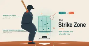 Illustration of a batter in their stance beside a teal strike zone box floating over home plate, with dashed lines marking the midpoint of the torso and the hollow beneath the kneecap, a 43 cm width marker, and a baseball clipping the zone's corner labelled "Strike or ball?" beside the title The Strike Zone.