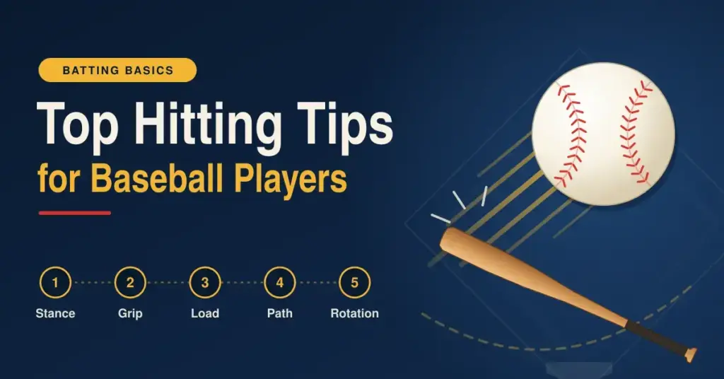Graphic for "Top Hitting Tips for Baseball Players" showing a baseball flying off a wooden bat on a navy background, with five numbered hitting steps: stance, grip, load, path and rotation.
