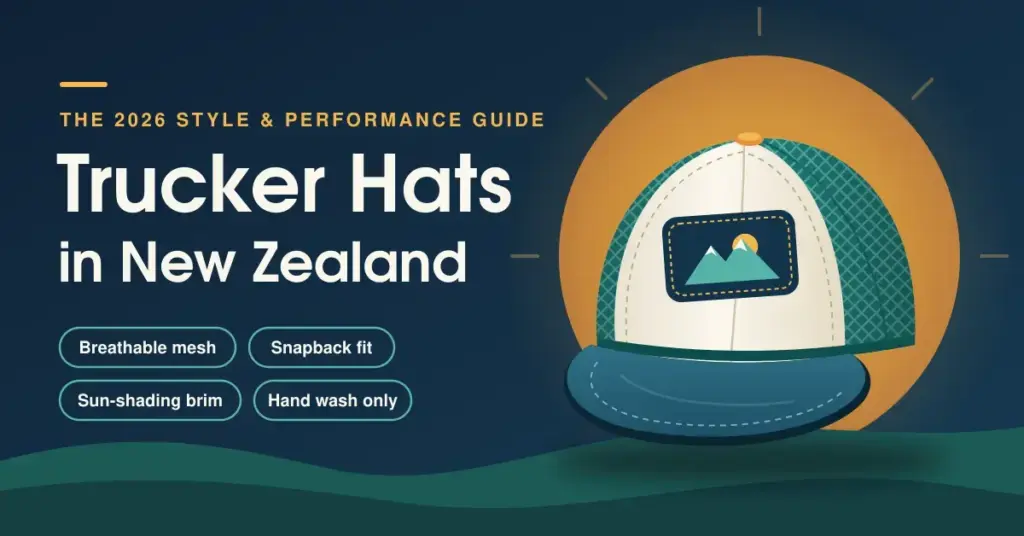 Illustration of a trucker hat with a cream foam front panel, teal mesh back and curved brim against a warm sun and rolling green hills, beside the title Trucker Hats in New Zealand: The 2026 Style & Performance Guide.