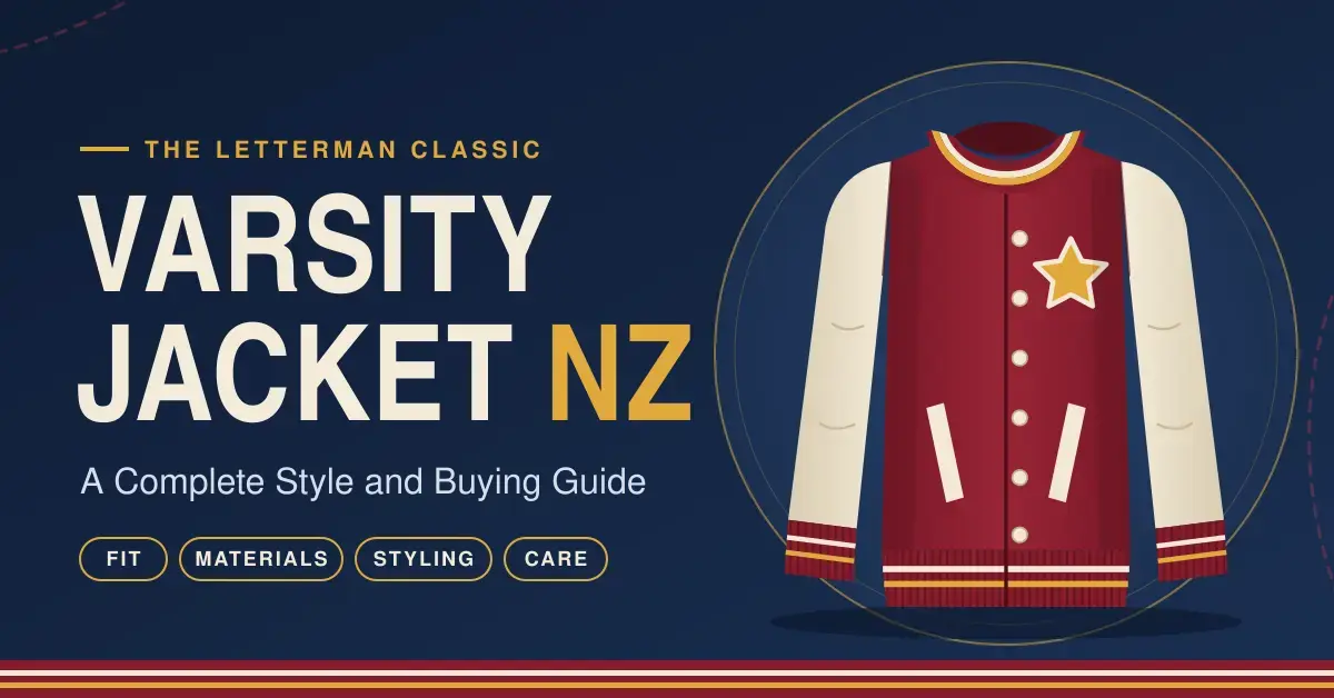 Illustration of a burgundy wool varsity jacket with cream leather sleeves, striped ribbed trims and a gold star patch, beside the title “Varsity Jacket NZ: A Complete Style and Buying Guide” on a navy background.