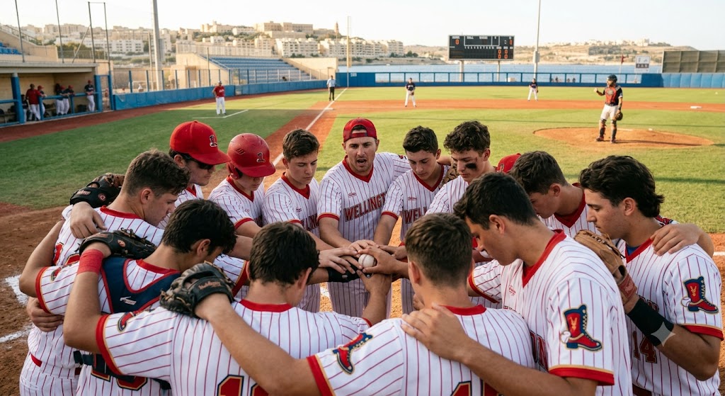 A team huddle of Wellington baseball players on the field.