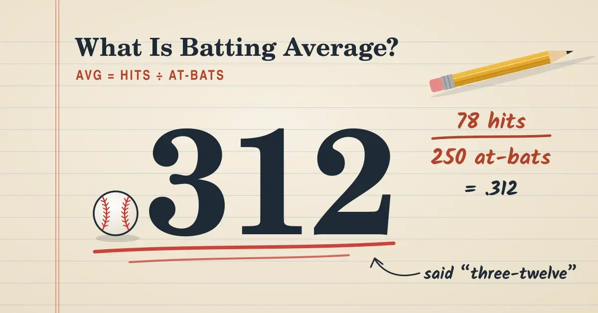 Illustration of a scorebook-style ledger page showing a batting average of .312 in large type with a baseball as the decimal point, worked out as 78 hits divided by 250 at-bats, beside the title “What Is Batting Average?” and a yellow pencil.