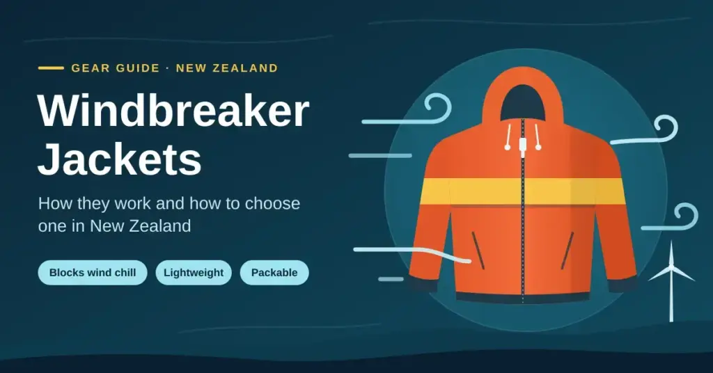 Illustration of an orange and yellow hooded windbreaker jacket with wind gusts swirling around it and a wind turbine on the hills, next to the title "Windbreaker Jackets: How they work and how to choose one in New Zealand".
