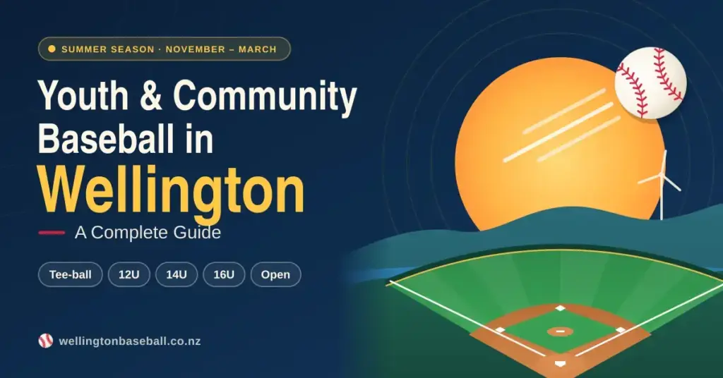 An illustrated baseball flies past a summer sun above a baseball diamond set against Wellington's green hills and harbour, beside the title 'Youth & Community Baseball in Wellington: A Complete Guide' and the grades Tee-ball, 12U, 14U, 16U and Open.